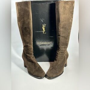 Yves Saint Laurent Dark Brown Suede Heeled Boots 9.5M ~ 19” Tall